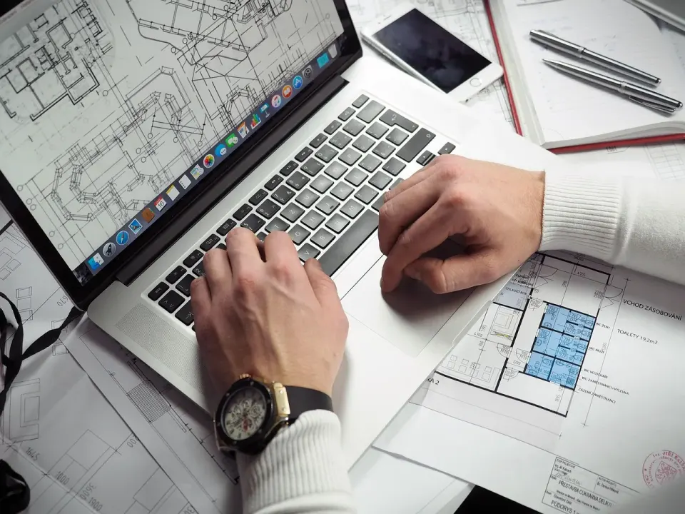 blueprints, entrepreneur, hands, laptop