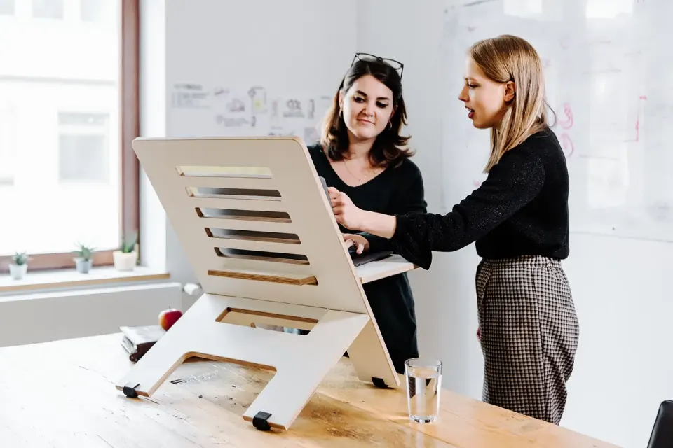 women, phone, desk, stand