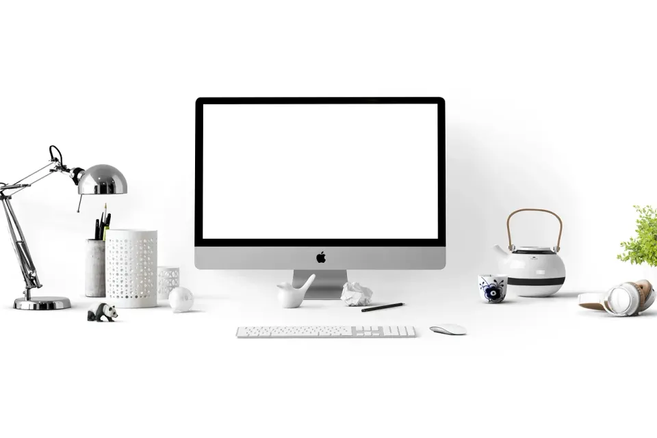 apple, computer, desk, workspace